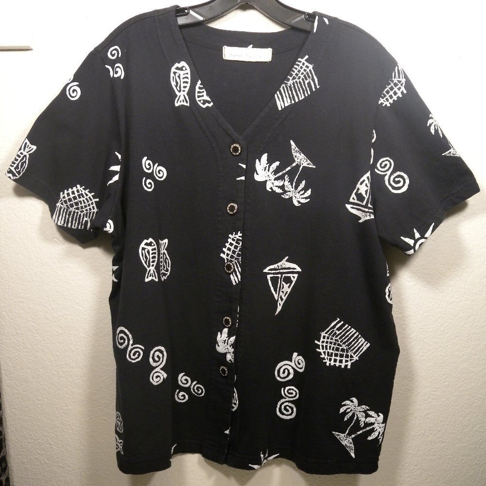 Sarah Bentley Pisces Black & White Short Sleeve Button Up Shirt SZ 1X - Picture 2 of 13